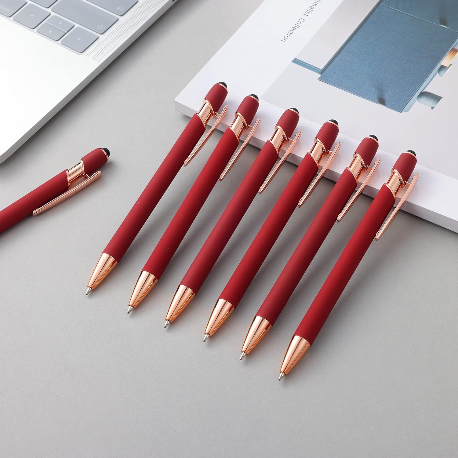 12 PCS 2 in 1 Stylus Ballpoint Pen with Stylus Tip, 1.0 mm Black Ink Metal Pen Stylus Pen for Touch Screens (Rose Gold & Red)