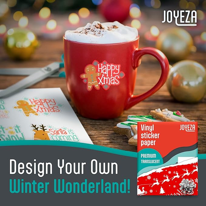 JOYEZA Premium Printable Vinyl Clear Sticker Paper for Inkjet Printer - 25 Sheets Translucent Waterproof, Dries Quickly Vivid Colors, Holds Ink Well - Inkjet & Laser Printer