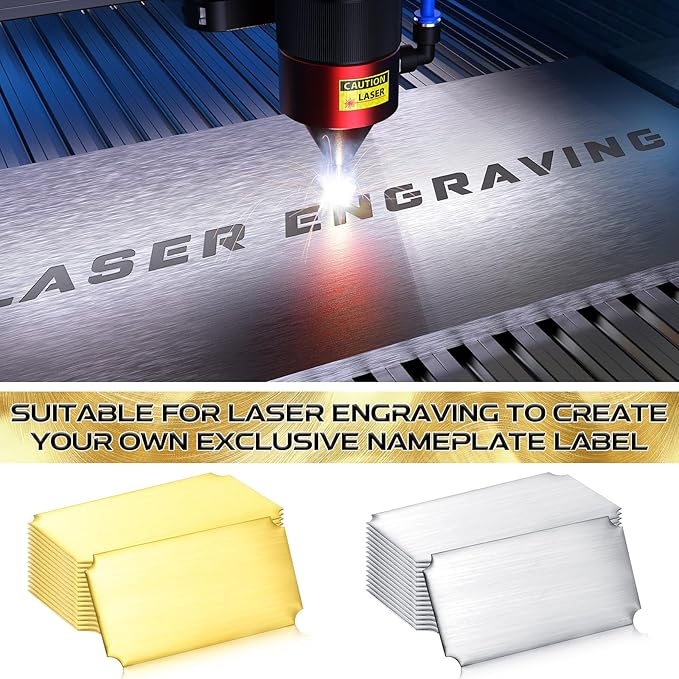 Therwen 30 Pcs Name Plates Laser Engraved Brushed Stainless Steel Plate Personalized Plaque Blank Custom Name Tag Frame Label with Adhesive Backing(Silver and Gold Notched Corner,4''x 2'')
