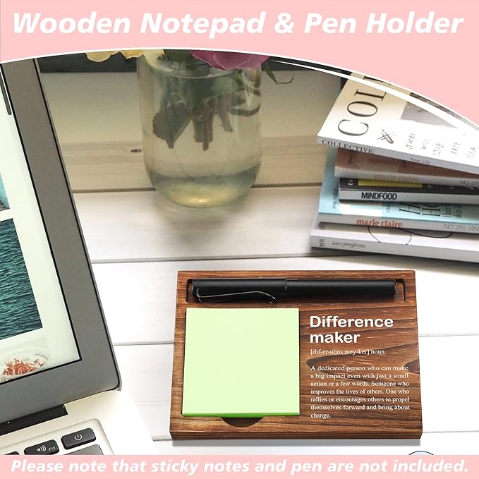 Difference Maker Sticky Note Holder Wooden Notepad & Pen Holder 6.5" x 4.7" Sticky Note Pad Holder Dispenser for Desk Difference Maker Definition Work Gifts, NPA183