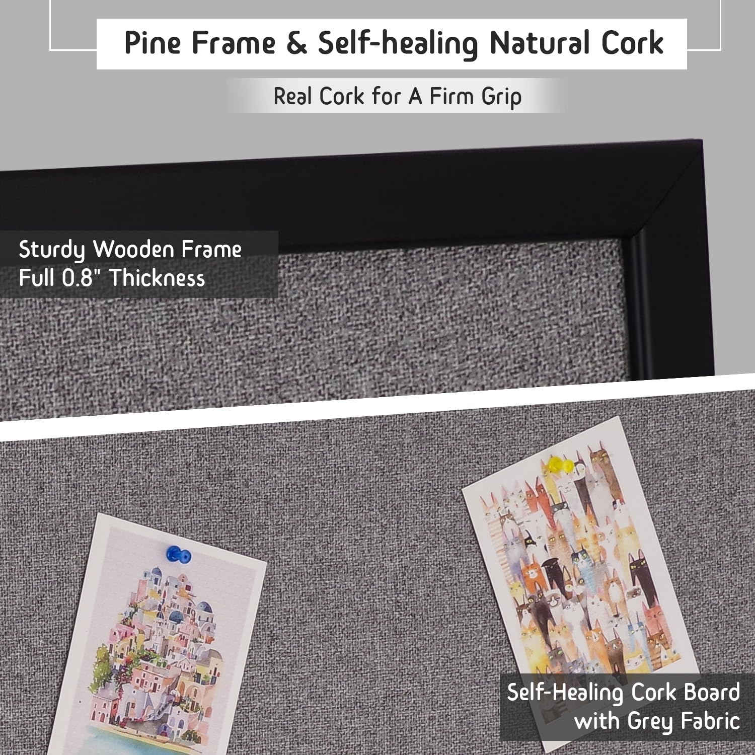 Bulletin Board 46x30 Inch, Large Cork Board with Grey Fabric and Pine Wood Frame, Cork Boards for Walls, Wall Mounted Fabric Notice Board for Home Office School, Vision Board and Message Organizer