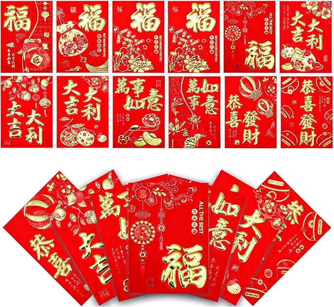 36pcs Chinese Red Envelopes, New Year Hong Bao with Classic Patterns and Blessing Words Lucky Money Lunar New Year Envelopes Lai See Pocket Gift Packet for Festival
