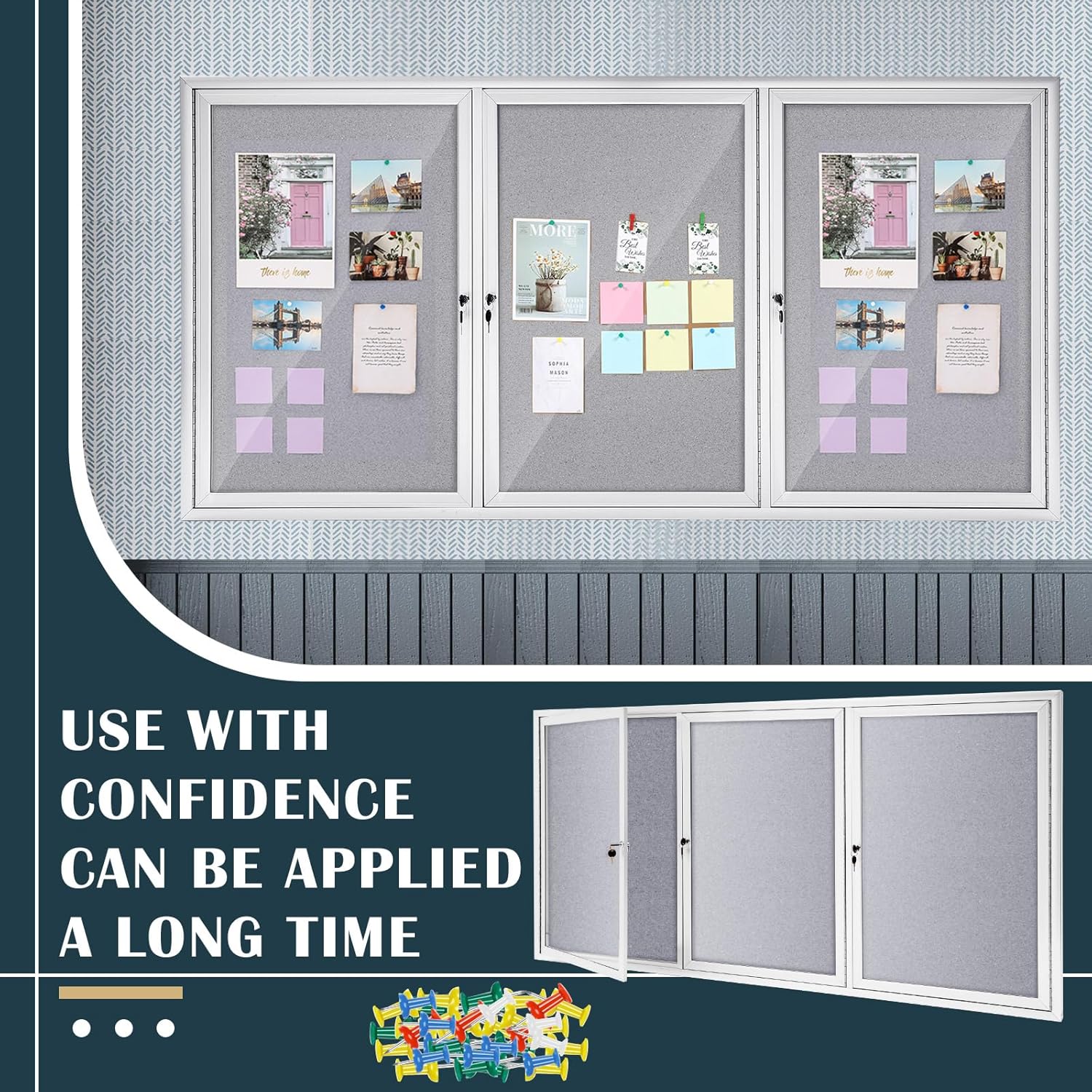 72" x 36" Enclosed Bulletin Board Outdoor 3 Door Weatherproof Tamper-Proof Enclosed Cork Board with Lock Aluminum Frame Display Case for Back to School, Office Commercial, 18xA4(Gray)