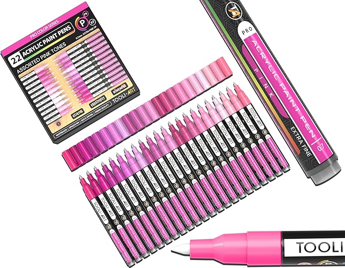 Acrylic Paint Pens 22 Pink Tones Assorted Pro Color Series Markers Set 0.7mm Extra Fine Tip for Rock Painting, Glass, Mugs, Wood, Metal, Canvas, Projects, Non Toxic, Waterbased, Quick Drying