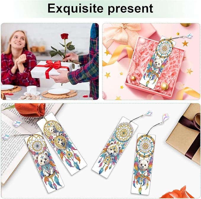 4 Pcs 5D Diamond Art Bookmarks for Book Lovers, Cute Animal Dreamcatcher Rhinestone PU Leather Diamond Crafts Bookmarks for Adults, Tassel Beaded Book Mark for Graduation Birthday Reading Present