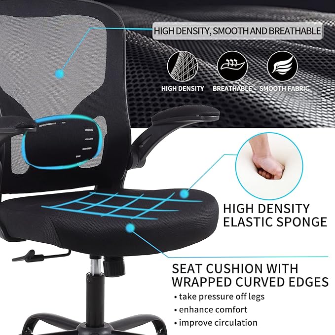 Flysky Ergonomic Office Desk Chair Breathable Mesh Swivel Computer Chair, Lumbar Back Support Task Chair, Office Chairs with Wheels and Flip-up Arms,Executive Rolling Chair (B-Black 5001H)