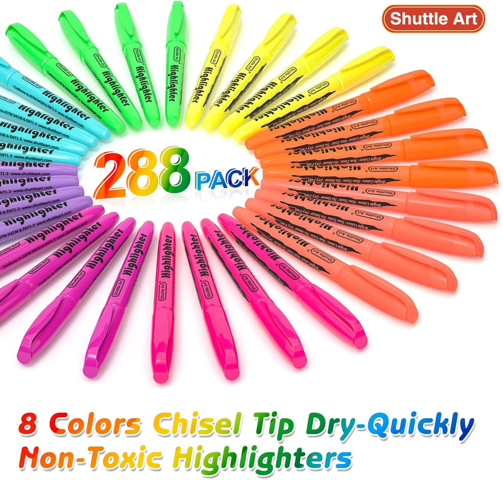 Shuttle Art 288 Pack Highlighters, Highlighters Assorted Colors Set, 8 Bright Colors Chisel Tip Dry-Quickly Non-Toxic Highlighter Markers Bulk for Adults Kids Highlighting in Home School Office
