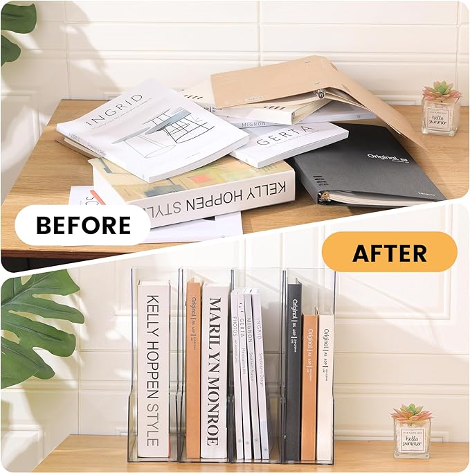 Vertical File Holder, PET Desk Organizer, Multi-purpose Plastic Document Storage Bins for Magazines, Binders, Notebooks, Envelopes, 2 Pack