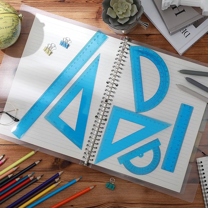 Tenare 6 Pcs Plastic Ruler Math Set Includes 12 Inch 6 Inch Straight Ruler Protractor Triangle Rulers Geometry Transparent Math Ruler Measuring Tools for School Office Home(Blue)