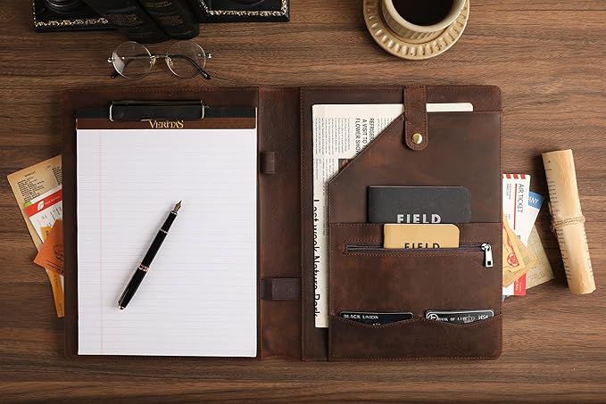 Leather Padfolio for Lefty, Business Portfolio Binder with Clipboard, Legal Pad Portfolio Folder for Men/Women - Khaki