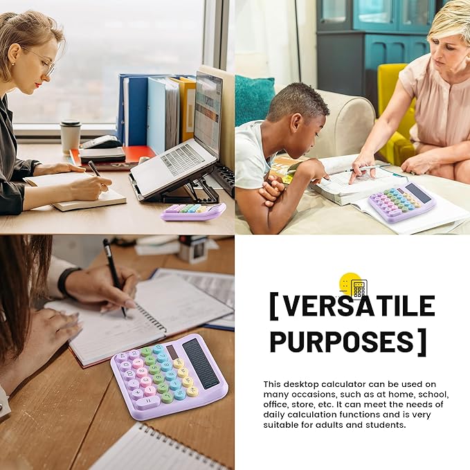 Golcellia Calculators Desktop, Purple Mechanical Calculator, Cute Calculator 12 Digit Desk Basic Calculator Large Display, Dual Power Solar Battery, Office Home School Supplies for Adults & Students