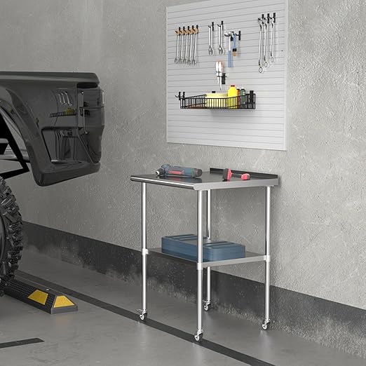 Stainless Steel Table with Wheels 30 x 30 Inches Metal Prep Table with Backsplash & Adjustable Undershelf, Stainless Table for Commercial Kitchen, Outdoor, Restaurant, Hotel & Garage
