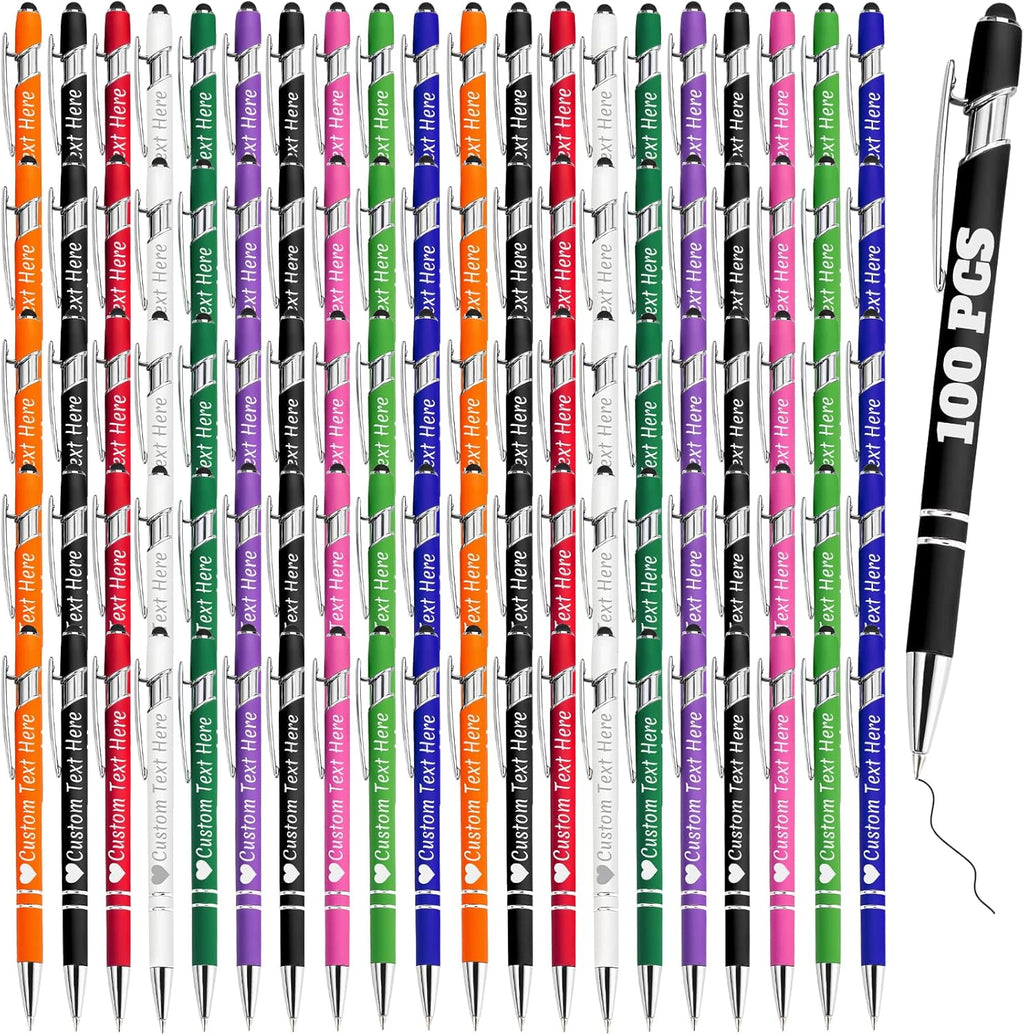 Personalized Pens Bulk 100 with Name Custom Engraving Ballpoint Pens with Stylus Tip Customized Smooth Writing Pens Personalized Gifts for Anniversary Birthday or Graduation(Assorted,Black Ink)