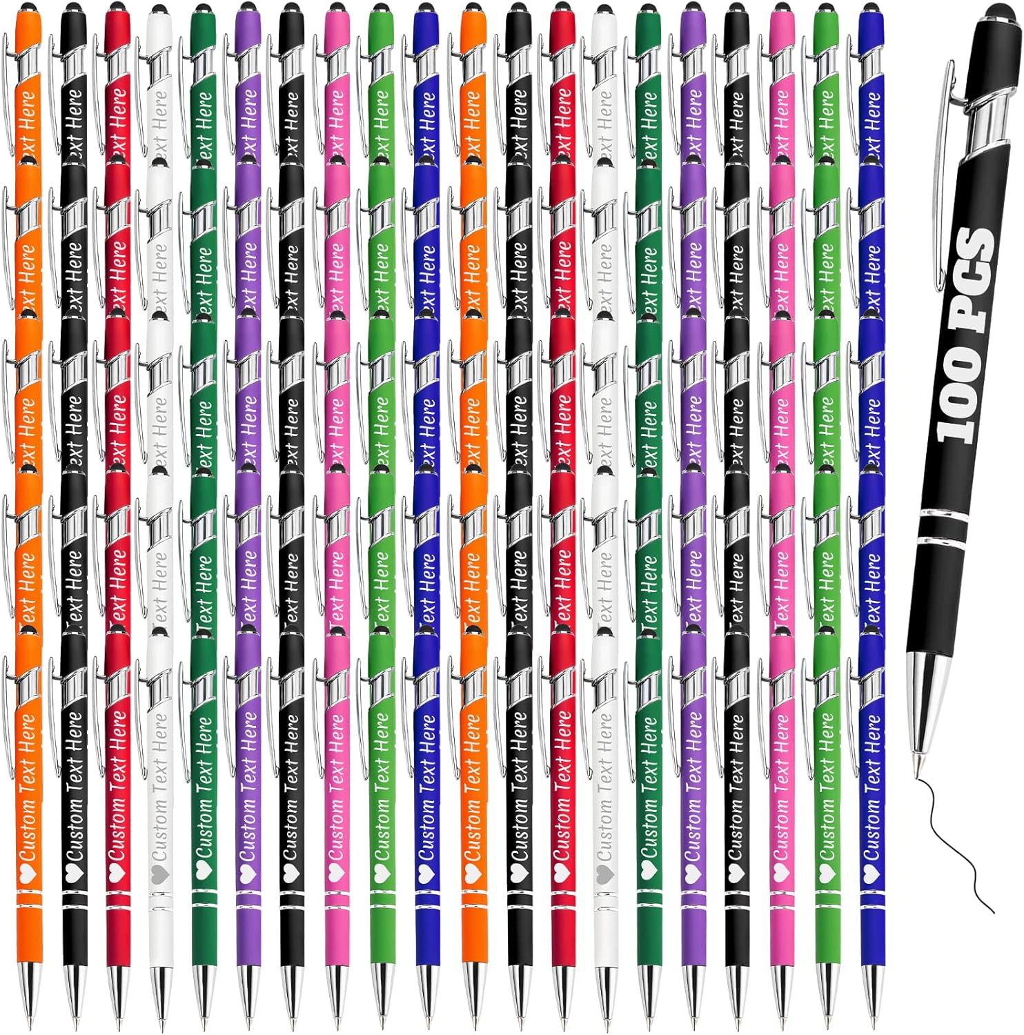 Personalized Pens Bulk 100 with Name Custom Engraving Ballpoint Pens with Stylus Tip Customized Smooth Writing Pens Personalized Gifts for Anniversary Birthday or Graduation(Assorted,Black Ink)