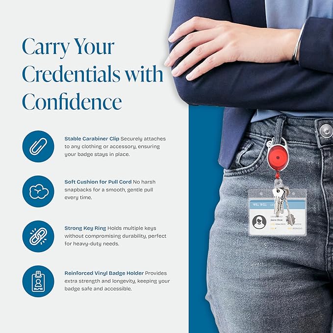 Will Well ID Badge Holders with Clip and Keyring - Horizontal Clear Plastic 3.7" x 2.5" Sleeves Fit Up to 3 Cards - Retractable 24" UHMWPE Fiber Pull Cords - 2-Pack, Transparent Red Reels