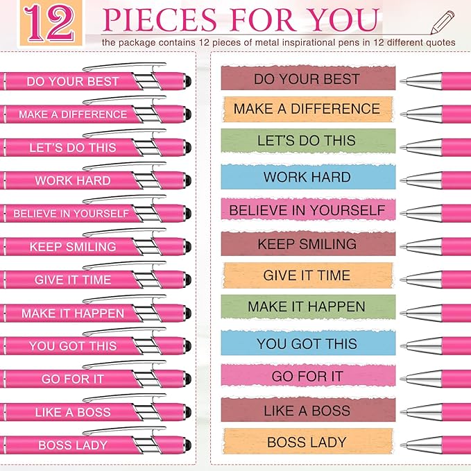 Zonon 12 Pieces Inspirational Pens Bulk Easter Basket Stuffers Motivational Quotes Ballpoint Pens with Stylus Tip Inspirational Gifts for School Office Teachers(Pink,Boss Lady)