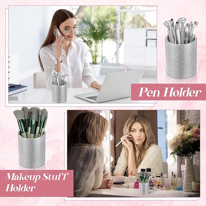 Sabary 8 Pcs Ballpoint Pens with Pen Holder for Desk Metal Crystal Diamond Pen Glitter Pencil Holder Fancy Pens Black Ink Bling Desk Organizer for Women Girls Office School Wedding Gifts (Silver)