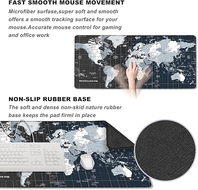 Large Desk Pad Gaming Mouse Pad,Extended Keyboard Mouse Mat Desk Pad with Non-Slip Rubber Base & Stitched Edge for Computers Laptop Desk Home Office Accessories,Map Pattern
