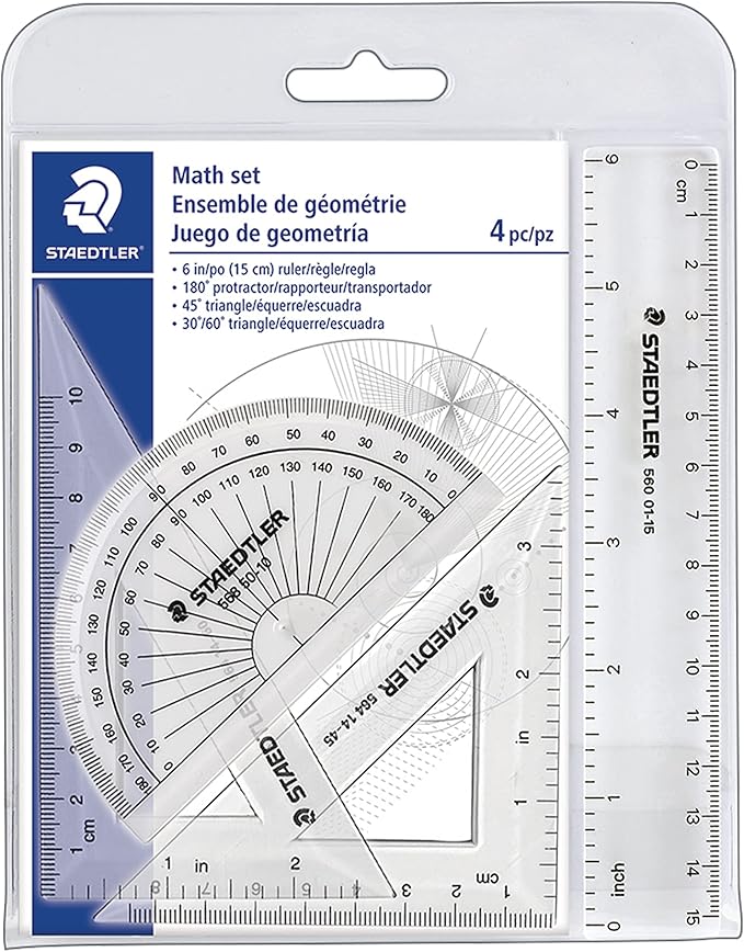 Staedtler Math Set with Ruler, 2 Triangles, Protractor, portable 4 piece, 569 WP4