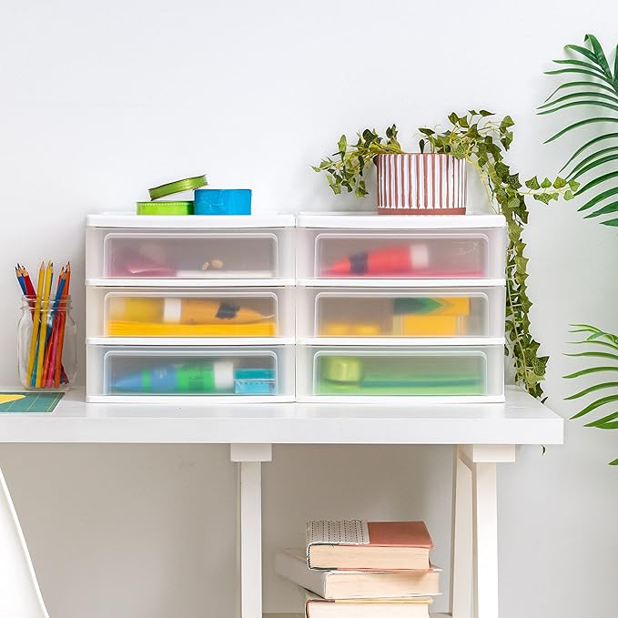 IRIS USA Plastic Stacking Desk Top 3-Drawer Storage Organizer, 2-Pack, for Makep Vanity Nail Polish Bathroom Stationery Art Craft Supplies Kitchen Office Garage and Small Organization, Medium, White