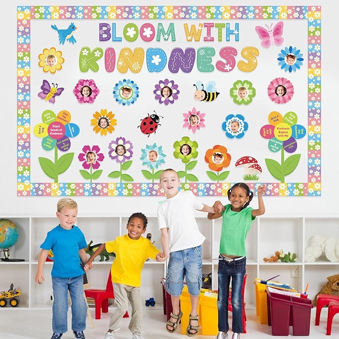 Kosiz Spring Kindness Bulletin Board Decorations Set Flower Paper Cutouts Bloom with Kindness Colorful Butterfly Bee Bird Classroom Decorations with Floral Border for School Chalkboard Wall Door Home