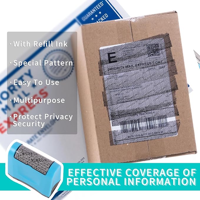 Identity Theft Protection Roller Stamp - Wide Confidential Roller Stamp with 3 Pack Refill Inks for Anti Theft Protection, Confidential Privacy Security, Address Blocker (Blue)