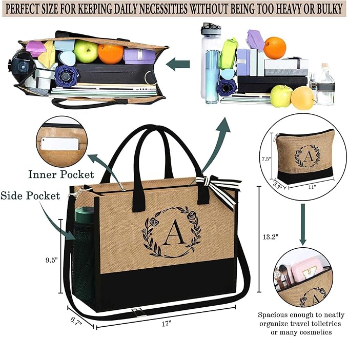 YOOLIFE Christmas Gifts for Women - Initial Tote Bag & Makeup Bag, Birthday Gifts for Women Mom Teacher Friend Christmas Gift