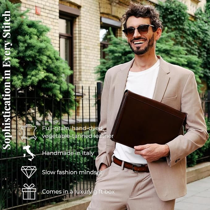 Time Resistance Leather Portfolio - A4 Document Folder - Padfolio - Italian Handcrafted Organizer Folio - Gift Box Included