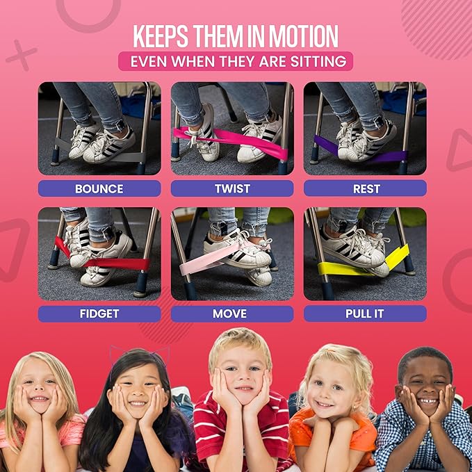 Chair Bands for Kids with Fidgety Feet - Fidget Bands for Classroom Chairs, Feety Bands, Sensory Flexible Bands, ADHD Chair Bands for Kids, Anti-Snap Bands for Desk and Seats Multicolor (Pack of 12)