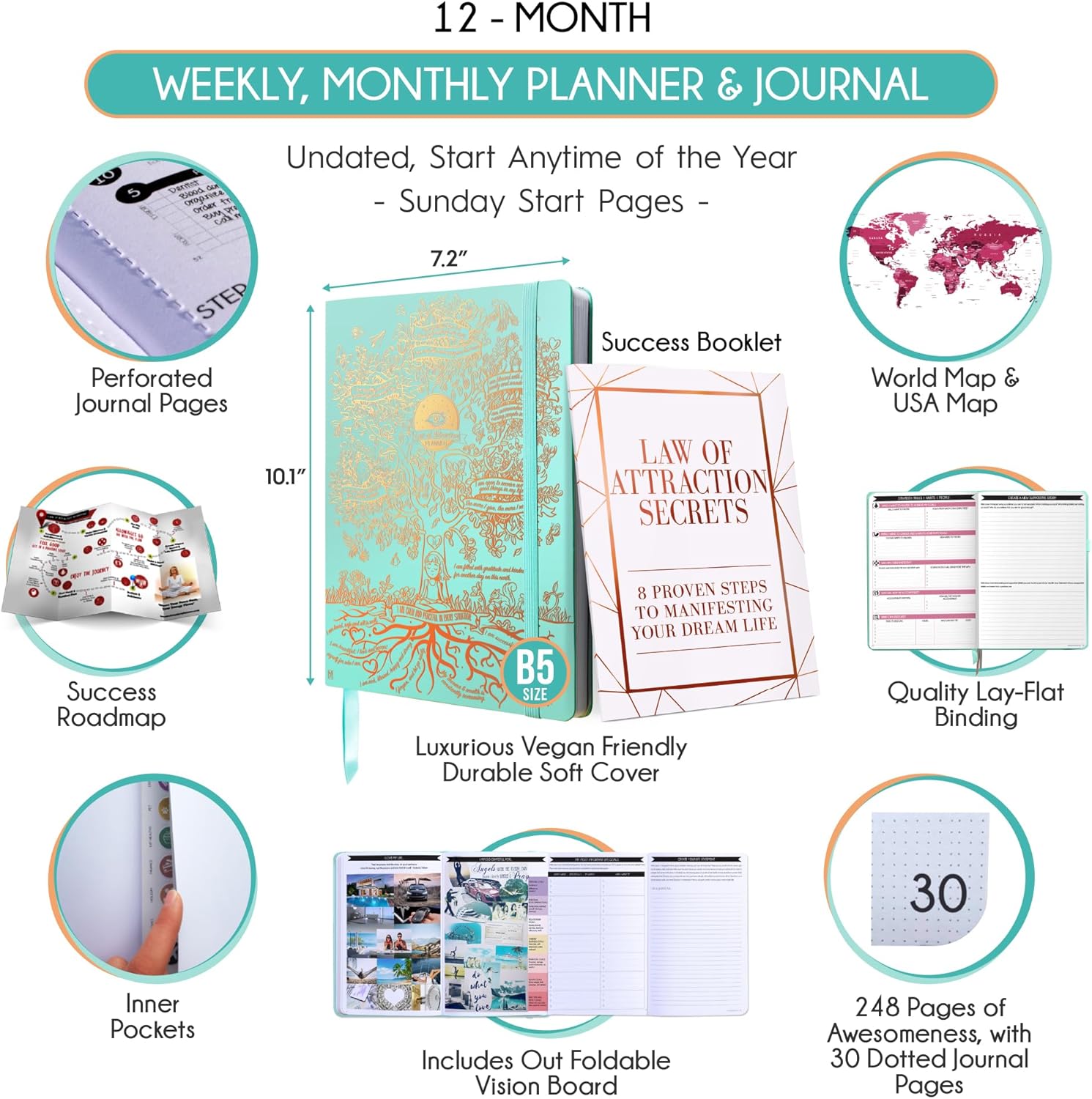 Law of Attraction Planner – Undated Hourly, Weekly & Monthly Goal Setting Planner, 12-Month to Increase Productivity | Life & Gratitude Journal, Include Foldable Vision Board, Gift Box & Stickers