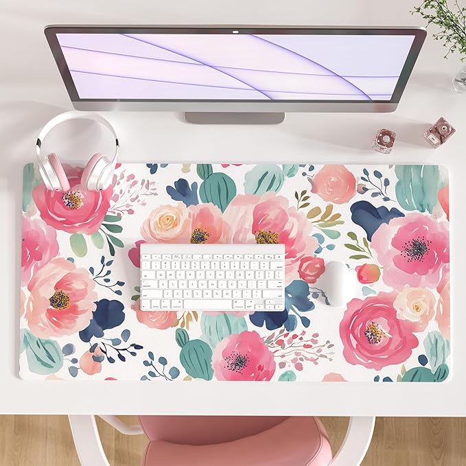 Colorful Star Large Mouse Pad, Pink Floral Desk Mat for Desktop, Women Girls PU Leather Waterproof Gaming Mousepad, Computer PC Laptop Protector Writing Pads for School Office Home 31.5" x 15.7"