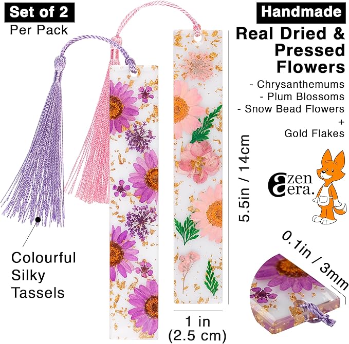 Pressed Flower Bookmarks (2 Pack) Clear Dried Floral Resin with Tassels Handmade Gift for Women, Students, Bookworms, Book Lovers, Accessories to Increase Reading Interest