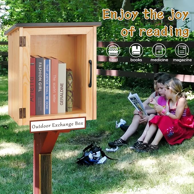 Outdoor Library Box Literature Exchange Box Outdoor Book Storage Little Wood Cabinet for DIY, Neighborhoods Community and Schools Sharing Books, Literature and Newspapers(13x11x16.5 Inch)