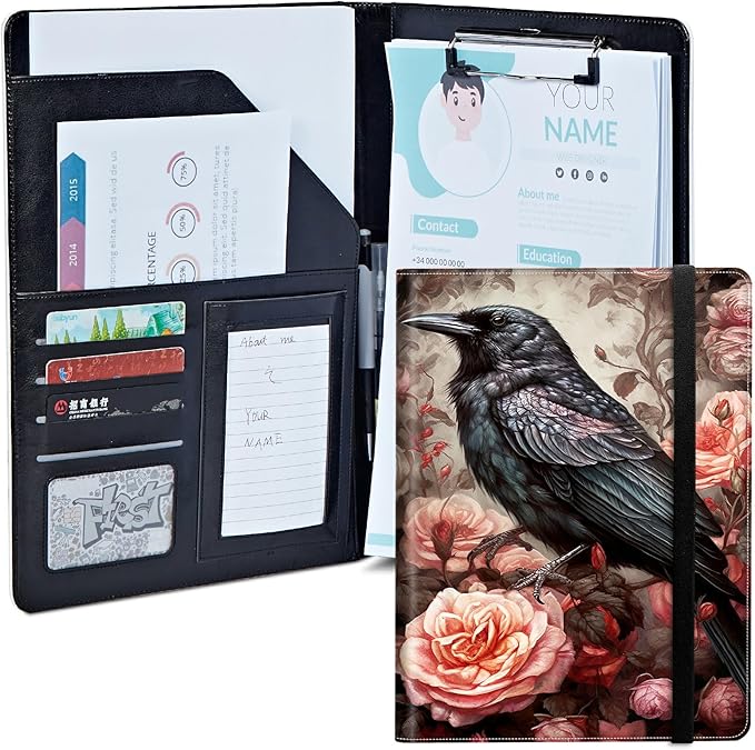 Bird and Roses Padfolio Folder with Clipboard,Portfolios Organizer Clipboards with Storage Clipboard Writing Pad PU Leather Conference Document Organizer with Business Card Holder