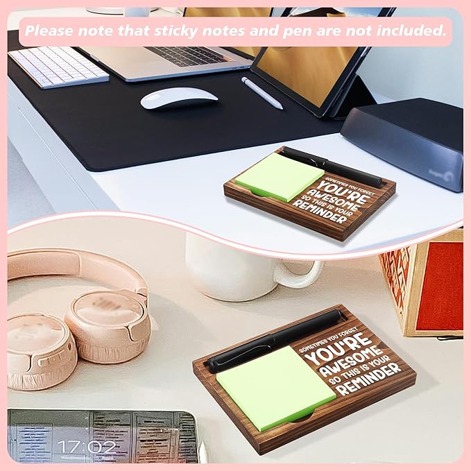CINRLLA Sticky Note Holder Wooden Notepad & Pen Holder 6.5"" x 4.7"" Sticky Note Pad Holder Dispenser for Desk Work Motivational Gifts, NPA185, Brown