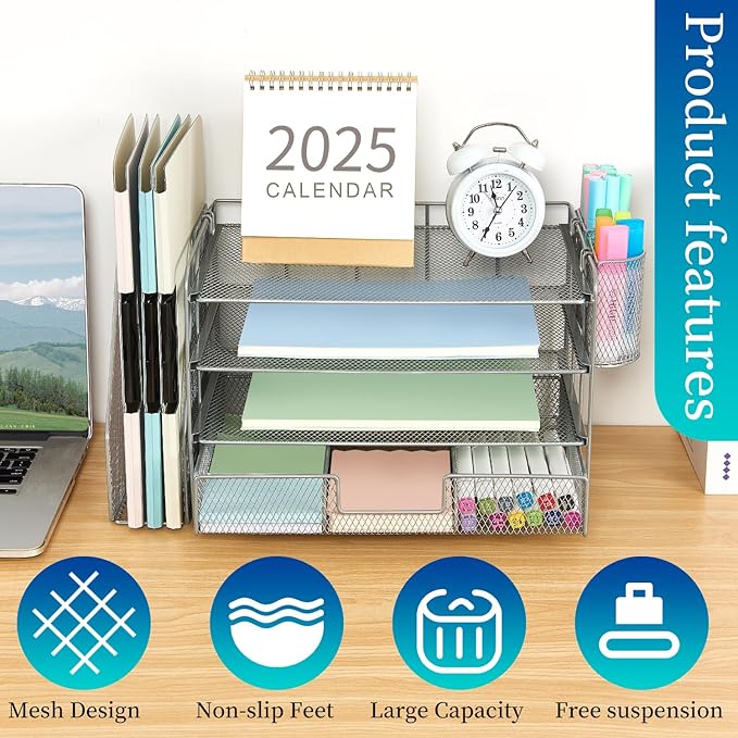 gianotter Paper Organizer with File Holder for Desk, 4 Tier Letter Tray Office Desk Organizers and Accessories - Workspace Drawer 2 Pen Supplies (Grey), Gray, 4T-2