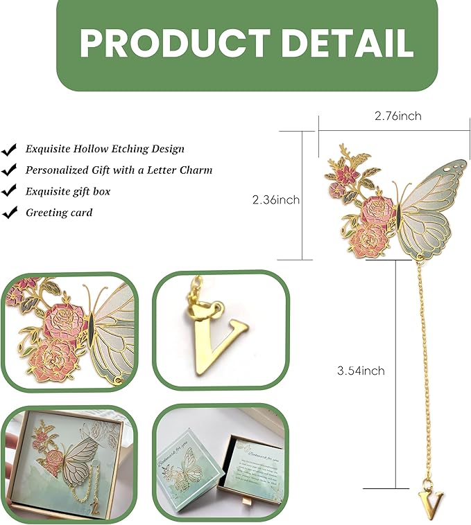 Metal Butterfly Bookmark for Women Cute Book Lovers Gift Butterfly Bookmarks Inital Book Mark Gifts for Reading Women Friend Teacher Appreciation Gifts Mom Birthday Valentines Day Christmas Gift, W