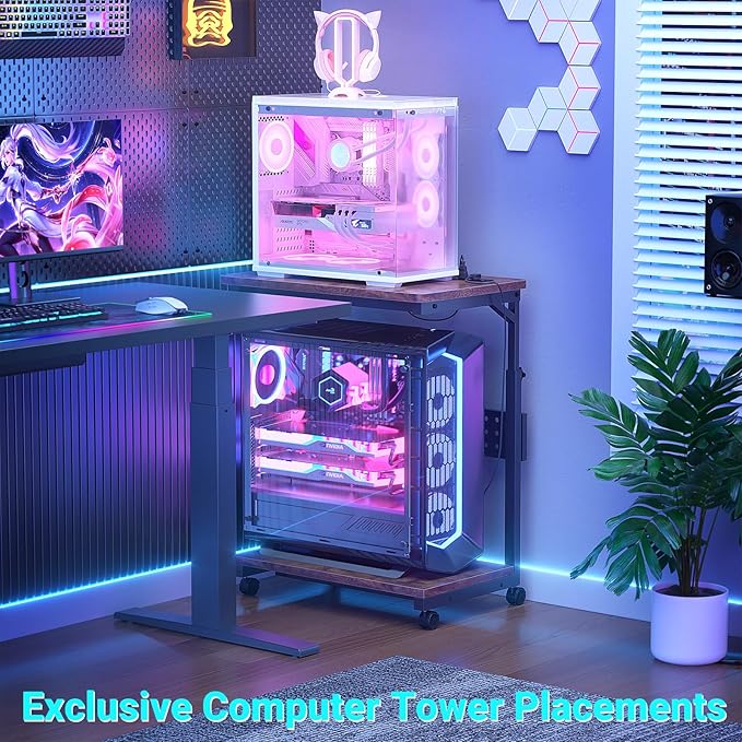 Computer Tower Stand with Power Strips, Height Adjustable PC Tower Stand/Cart with Wheels, Mobile Rolling CPU Holder, Computer Cart Side Stand for Computer Desk, 24", Rustic Brown