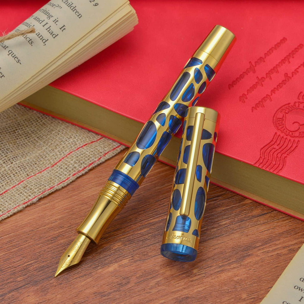 Asvine V169 Vacuum Filling Fountain Pen Medium Nib, Water Drop Skeleton Gold Trim Transparent Blue Acrylic Pen Case Set