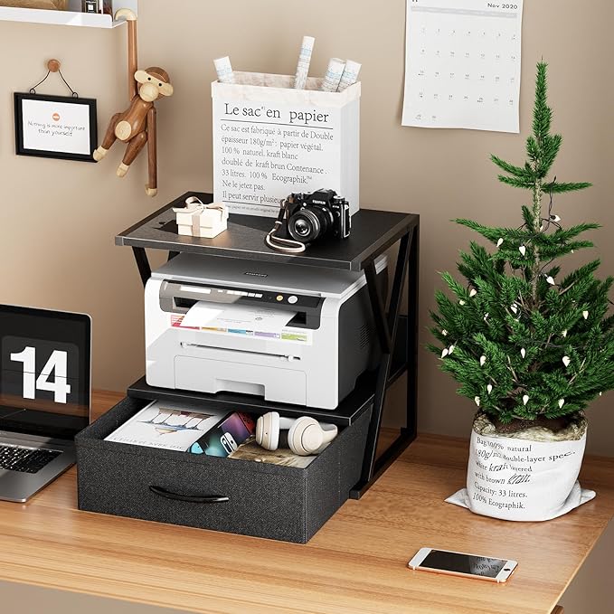 aboxoo Printer Stand for Desk with Storage Drawer, 2 Tier Desktop Or Under Desk Shelf, Multi-Purpose Desk Organizer for Home Office, fit Fax Machine/3D Printer/Scanner, Black