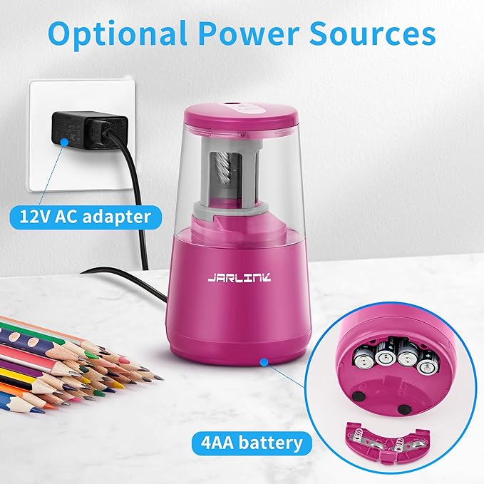 JARLINK Electric Pencil Sharpener, Heavy-Duty Helical Blade to Fast Sharpen, Auto Stop for No.2/Colored Pencils(6-8mm), USB/Battery Operated in School Classroom/Office/Home (Purple)