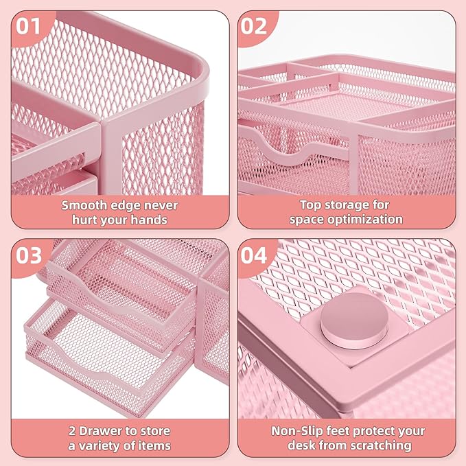 Marbrasse Mesh Desk Organizer, Pen Organizer with 2 Drawer, Multi-Functional Pencil Holder for Desk, Desk Organizers and Accessories with 5 Compartments + Drawer for Office Art Supplies (Pink)