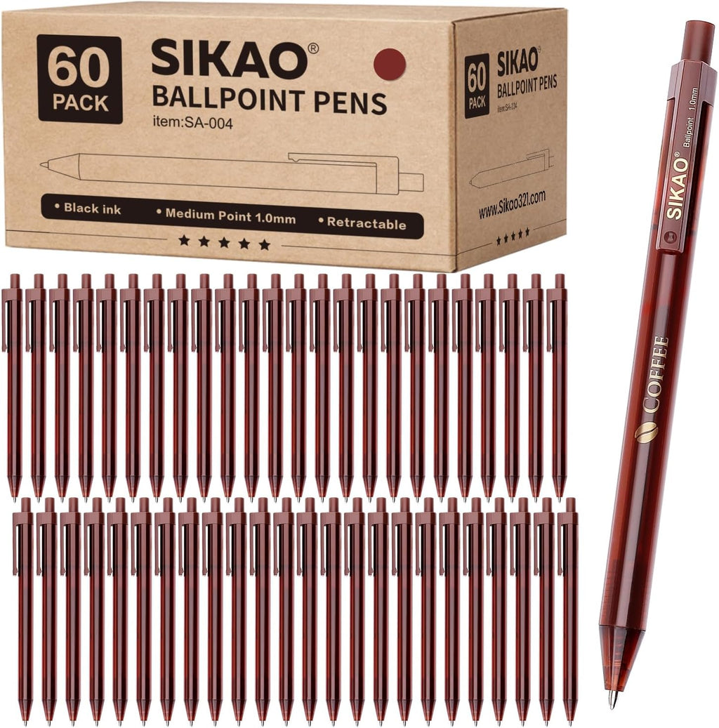Pens Bulk, Coffee 60Pack Ballpoint Pens for Smooth Writing No Smear, Black Ink Medium Point 1.0mm, Retractable Click Ball Point Pens, School Office Supplies (Black ink)