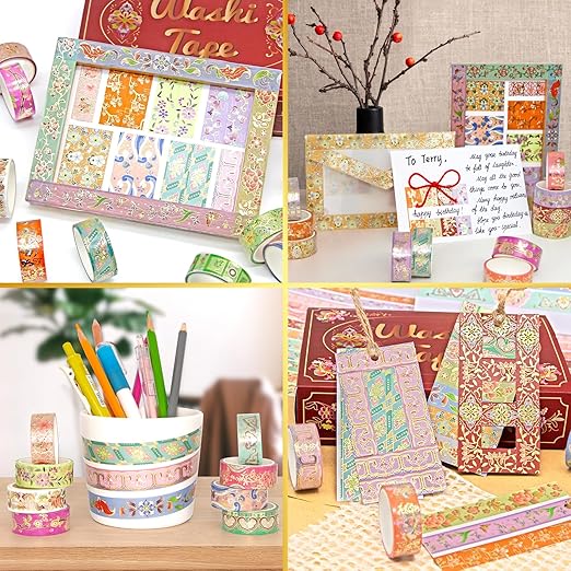 24 Rolls Washi Tape Set, Gold Foil Floral Decorative Tape for Scrapbooking, Bullet Journaling, Planner, DIY Crafts, Christmas - Floral Feast