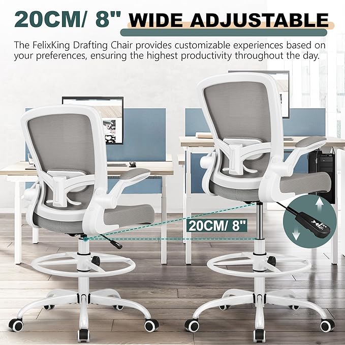 FelixKing Drafting Chair Ergonomic Tall Office Chair, Breathable Mesh Chair with Adjustable Footrest Ring Lumbar Support Flip-up Armrests, High Back Executive Comfy Task Computer Chair for Home Office