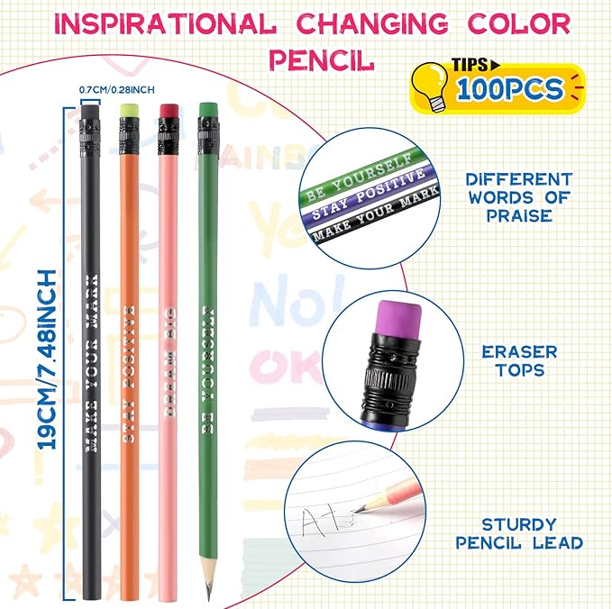 Epakh 100 Pcs Inspirational Pencils Color Changing Pencils Bulk with Eraser HB Wooden Pens Gift for Kids Students Classroom Christmas Party(Mixed Colors,Classic Style)