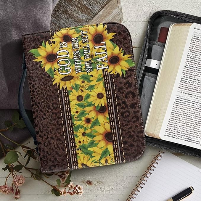 Lotusorchid PU Leather Bible Bag for Women with Inspiring Bible Verses, Sunflower Leopard Print Bible Cover Women Girls, Sturdy Bible Book Carrying Bags Christian Bible Study Accessories, 2XL