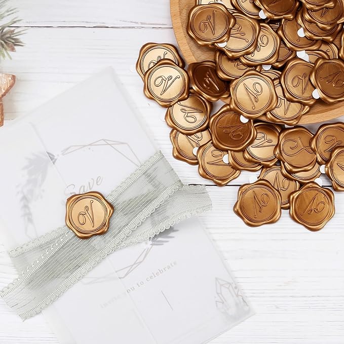 Yoption Initial Alphabet V Wax Seal Stickers, 25 Pack Antique Gold Letter Wax Seal Stickers Envelope Seals Self Adhesive Wax Stickers for Wedding Party Birthday Christmas (V)