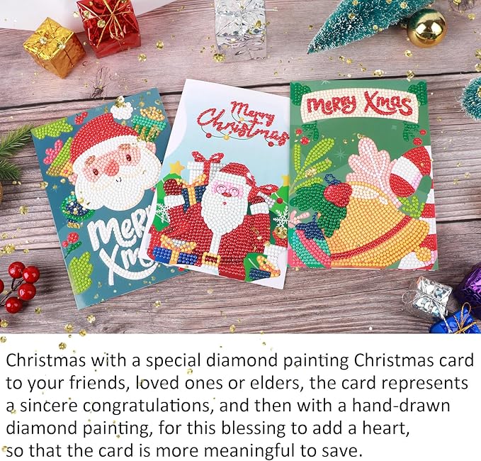 6 Pack 5D Diamond Art Painting Christmas Greeting Card Kits Paint with Diamonds Christmas Greeting Cards with Envelope Christmas DIY Crafts for Holiday, Friends and Family Creative Gift