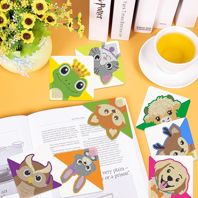 Anseal 8 Pcs Animals Diamond Art Painting Bookmark, Rhinestone Crystal Corner Bookmarks for Book Lovers, Triangle Embroidery Painting Arts Crafts Book Mark for Kids